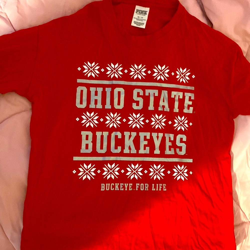 PINK long sleeve top. Red with silver lettering including snow flakes. SIZE XS.